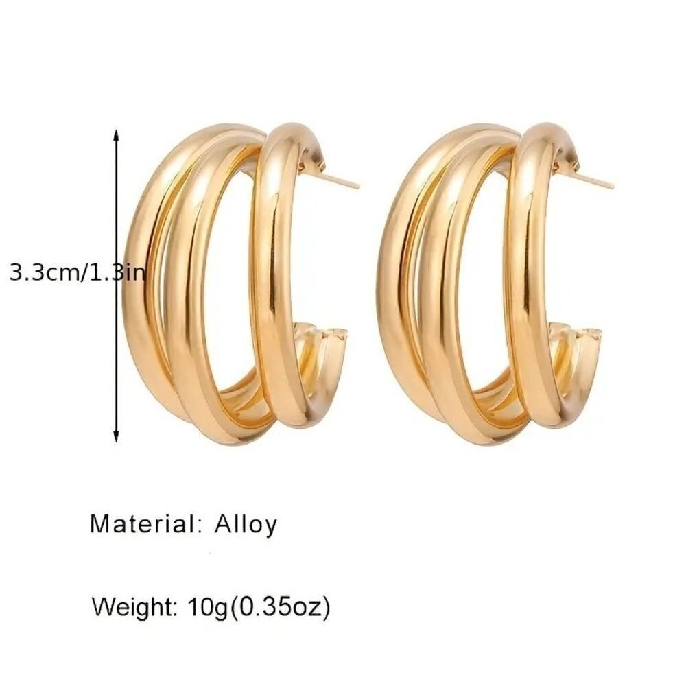 18k Gold Plated Geometric C-Shaped Triple Hoop Earrings NEW - Picture 4 of 4